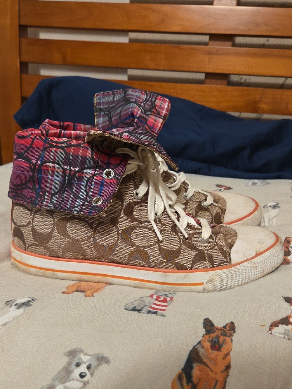 Coach Brown Signature High-Top Sneakers with Pink Plaid Cuff